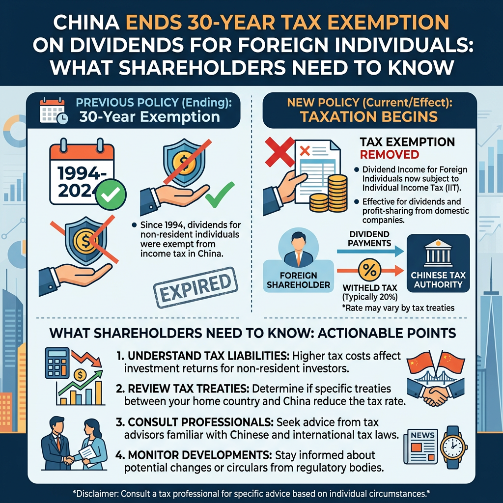 Infographic: China ends 30-year dividend tax exemption for foreign individuals; taxation begins.